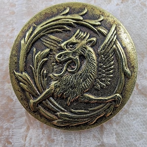 Vintage Antique Medium Paris Back Stylized Dragon Design Brass Button with Self Shank