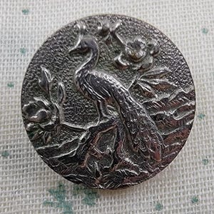 Vintage Antique Small Peacock Design Paris Back White Metal Button with Self Shank