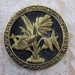 Vintage Large Brass Leaf Design German Picture Button with Metal Shank