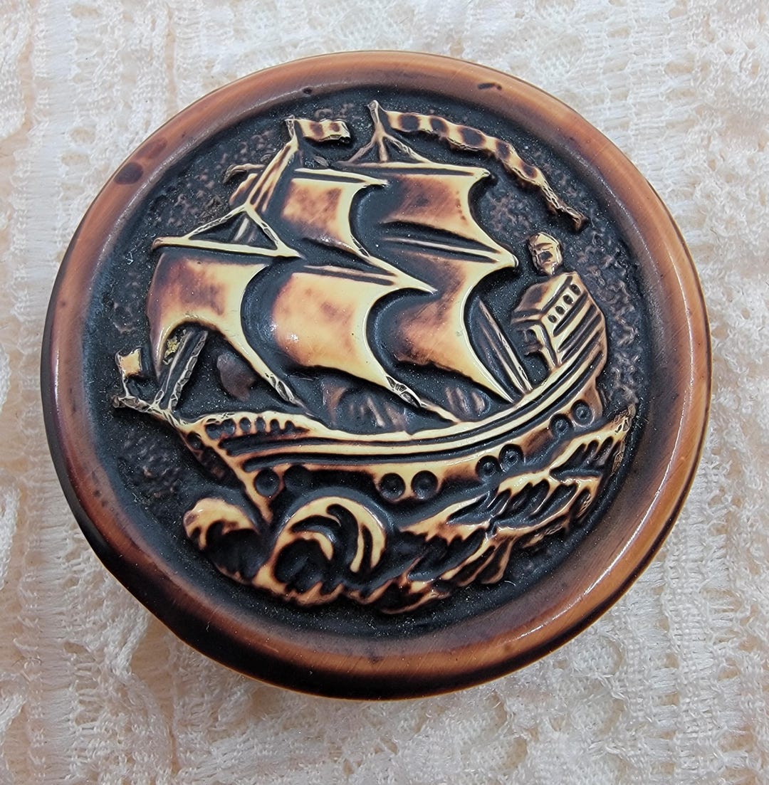 Ship Button Vintage Brown One Piece Celluloid Sailing Ship Button With Applied ...