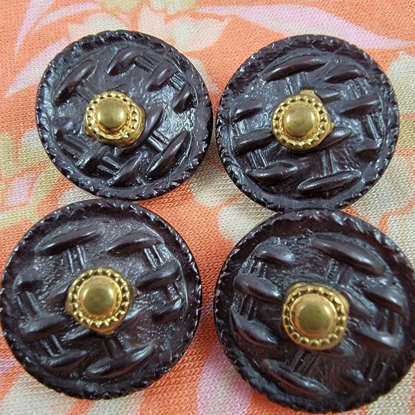 Vintage Dark Purple and Gold Plastic Woven Pattern Buttons - Set of 4