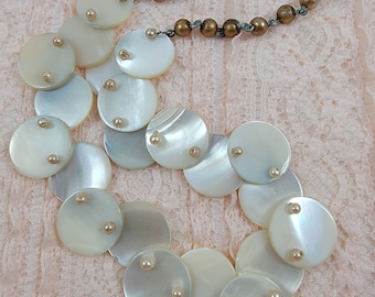 Vintage Mother of Pearl Shell Faux Pearl Bead Necklace