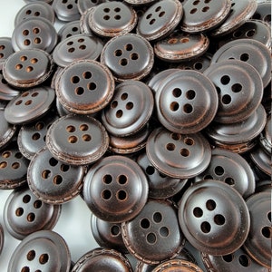 Vintage Brown Faux Leather Plastic 4 Hole Buttons - Set of 12