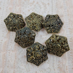 Vintage Brass Hexagon Shape Birdcage Filigree Buttons - Set of 6