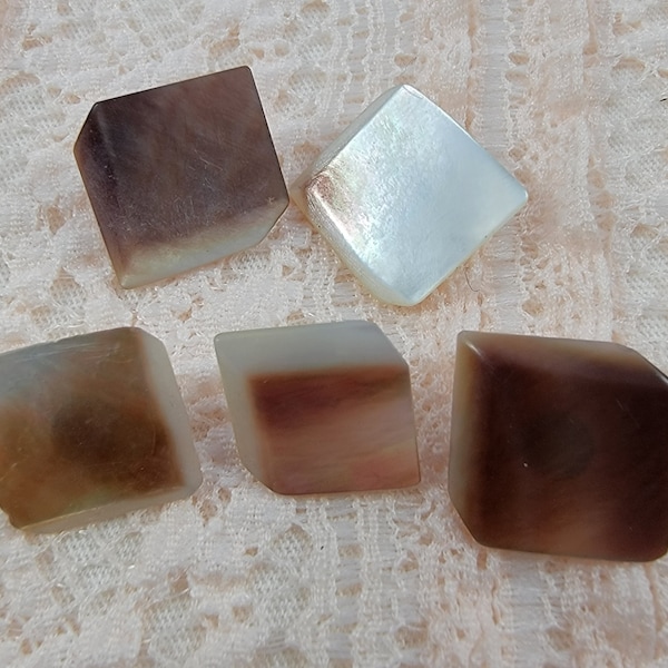 Vintage Geometric Square Mother of Pearl Shell Metal Shank Buttons - Mixed Lot of 5