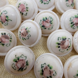 Vintage Antique Small Painted Flower White Milk Glass Buttons with Metal Box Shanks - Set of 6