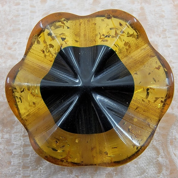 Vintage Wavy Black and Yellow-Green Gold Flecked Bakelite Button with Metal Loop Shank