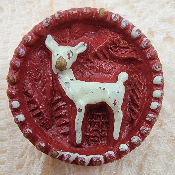 Vintage ANN Wood Composition Red and White Deer Button with Metal Shank