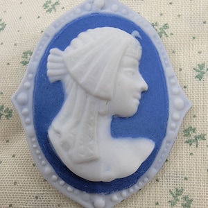 May include: A white cameo of a woman's profile set against a blue background within a light blue, oval-shaped frame. The cameo features a detailed depiction of a woman with a headscarf and a regal appearance. The frame has a decorative border.