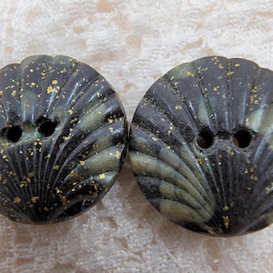 May include: Two dark green shell-shaped buttons with gold flecks. Each button has two holes for sewing. The buttons are on a white lace background. These buttons are ideal for sewing and craft projects.