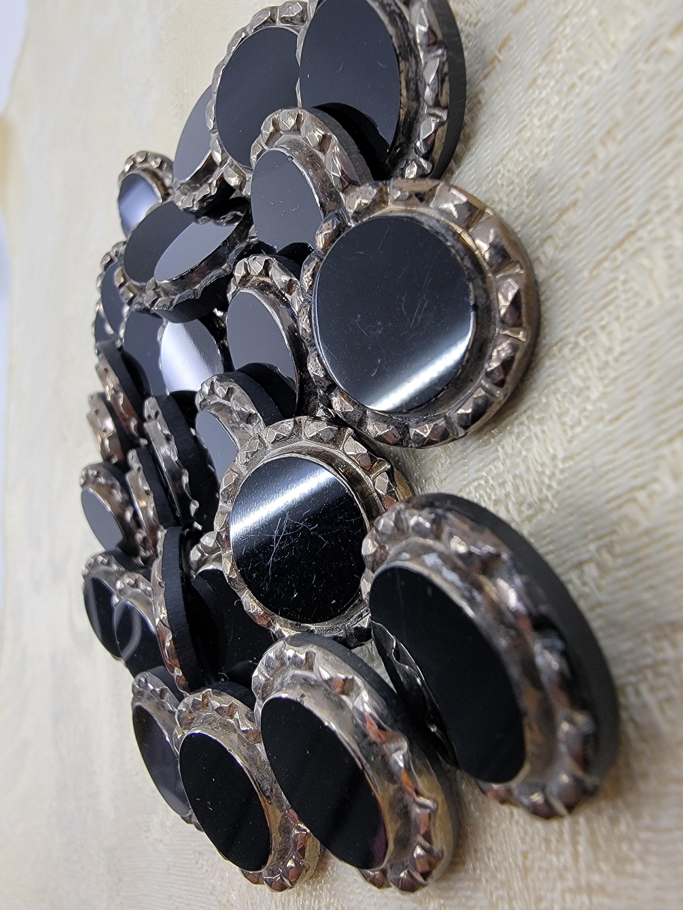 Vintage Czech Smooth Face Faceted Border Silver Lustre Black Glass ...