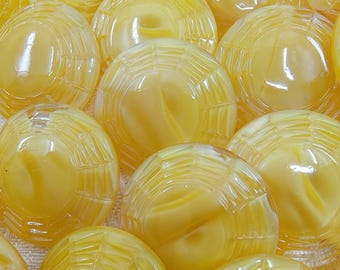 Vintage Czech Moonglow Glass Buttons - Warm Yellow Lined Border, Set of 7