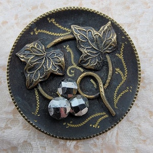 Vintage Antique Large Brass Tole Tinted Leaf Design Button with Brass Shank