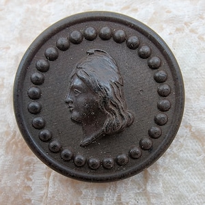 Antique Lady Liberty Rubber Button - Goodyear Patent - Dark Brown