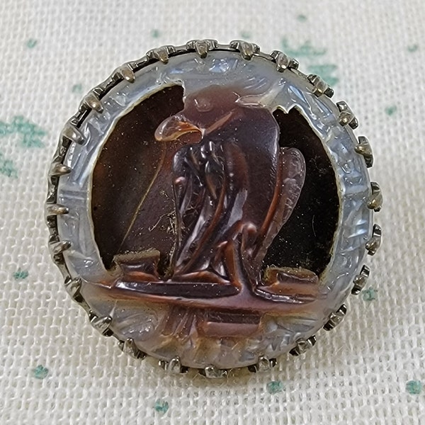 Vintage Carved White and Smoked Pearl Bird on Perch Metal Prong Set Button (1)