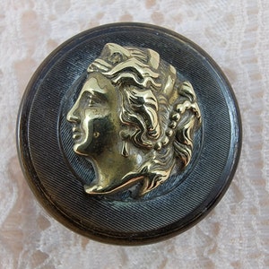 Vintage Antique Pressed Horn Brass Lady Head Cameo Escutcheon Button with Brass Shank