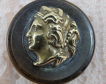 Vintage Antique Pressed Horn Brass Lady Head Cameo Escutcheon Button with Brass Shank