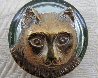 Vintage Czech Gold Painted Cat Head Glass Button with Metal Shank