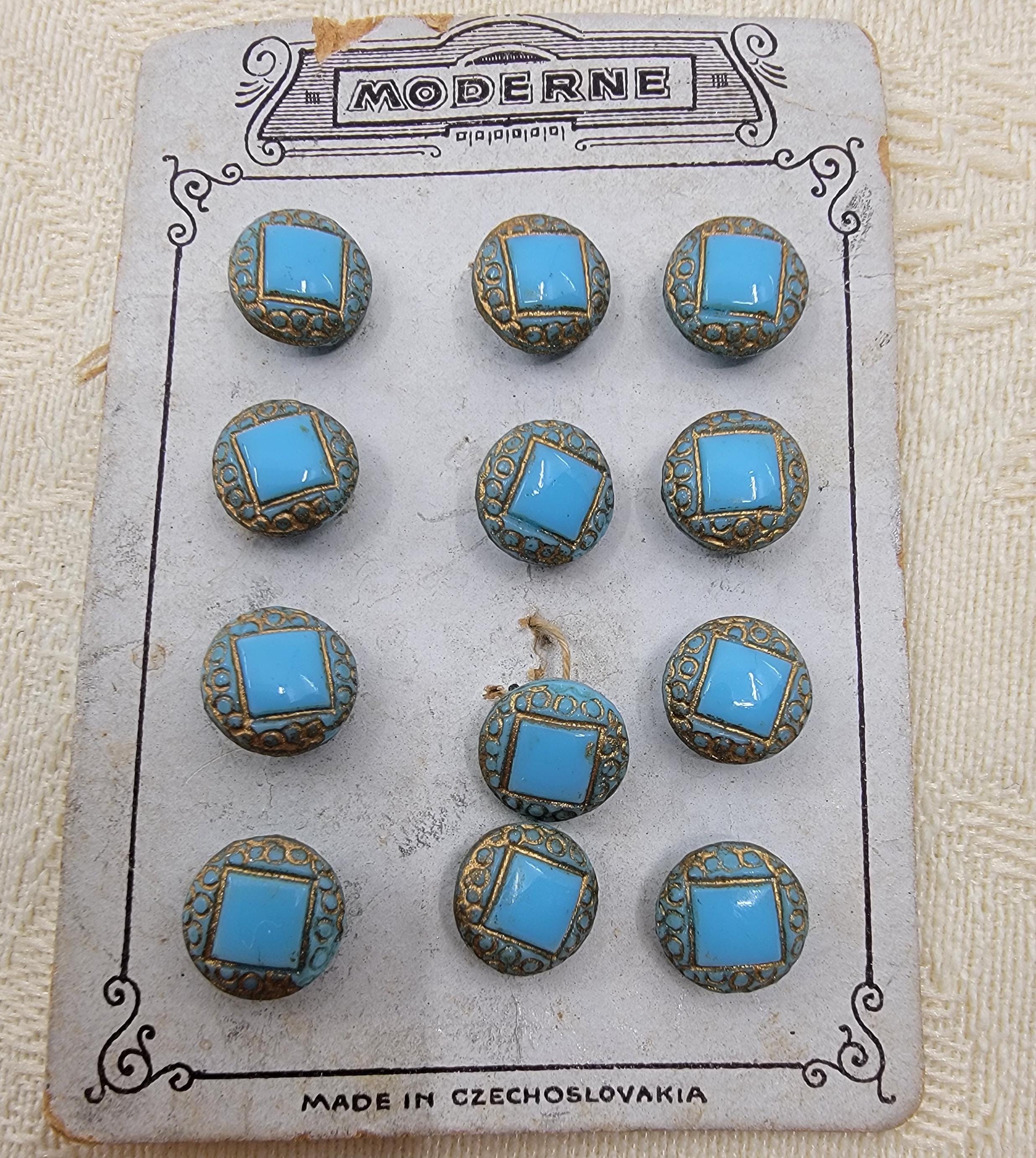 ヴィンテージモダンブルーガラスボタン：ゴールドアクセント、12個