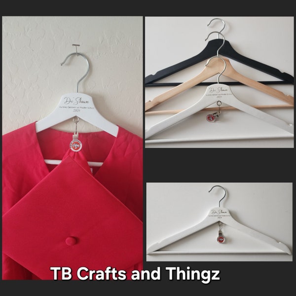 Custom Engraved Wooden Hanger, Graduation, Clothing Hanger, Cap Hanger, Grad Cap clip, Personalized, Gown, Party