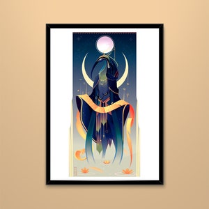Pu&ograve; includere: Un'illustrazione digitale di una donna con la testa di un uccello che indossa una veste blu e oro. Tiene in mano un globo luminoso e si trova di fronte a una luna crescente. Lo sfondo &egrave; blu scuro con stelle e geroglifici.
