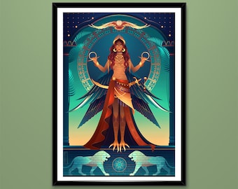 Pode incluir: Uma ilustração digital de uma mulher com asas, vestindo uma roupa dourada e vermelha, em pé em uma plataforma com dois leões. O fundo é um design azul e turquesa com estrelas.