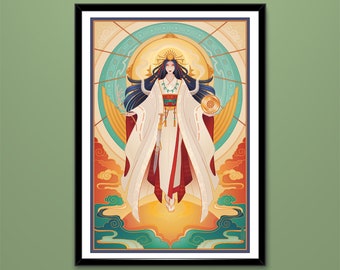 May include: A digital illustration of a woman in a white and red robe with a golden halo. She is holding a golden orb in her right hand and a white staff in her left hand. The background is a colorful abstract design with clouds and circles.