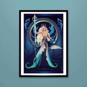 May include: A digital illustration of a woman with long blonde hair holding a trident. She is wearing a blue and green dress with a fishtail. She is surrounded by a circle of waves and a crab. The background is dark blue.