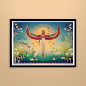 May include: A digital illustration of an Egyptian goddess with outstretched wings, standing in a field of lotus flowers. She is wearing a golden crown and a white robe, and she is holding a staff in her right hand. The background is a blue sky with clouds.