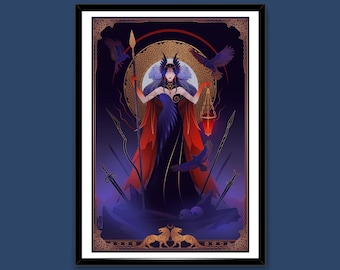 May include: A digital illustration of a woman with dark hair and horns, wearing a black and red dress, holding a spear and a lantern. She is surrounded by crows and other symbols, including skulls and wolves. The background is dark and mysterious.