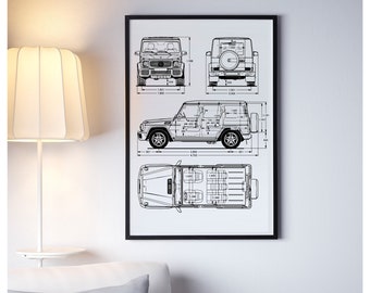 Póster de hombre de G Wagon, idea de regalo para garaje / Póster minimalista de coche Mercedes G Wagon, plano / Impresión de arte de pared, póster Bauhaus, decoración de oficina en casa