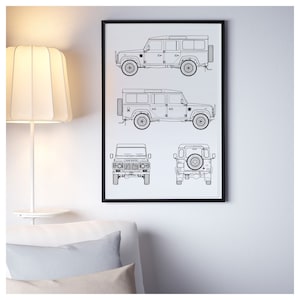 Land Rover Defender Birthday gift for men | Valentine&#39;s day gift for him car poster Defender blueprint | Bauhaus poster Home office decor