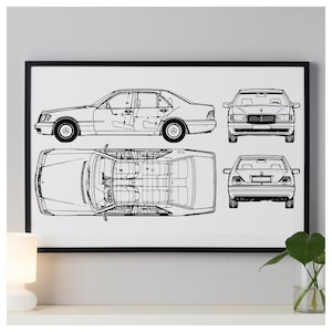 W140 Birthday gift for him | Gift for men Mercedes poster W140 blueprint | Wall art print | Bauhaus poster Home office decor