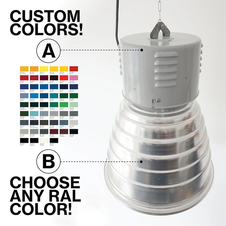 Puede incluir: Una l&aacute;mpara colgante industrial gris con una pantalla acampanada y acanalada. Se muestra el texto "CUSTOM COLORS!" y "CHOOSE ANY RAL COLOR!". Tambi&eacute;n se muestra una carta de colores con varios colores RAL.