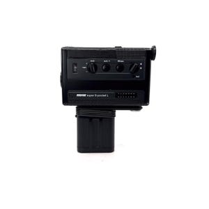 May include: A black Revue super 8-pocket L film camera with a built-in microphone and a zoom lens. The camera has a variety of controls, including a power switch, a zoom control, and a focus ring.