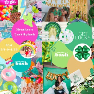 May include: A collage of images featuring green, gold, and white decorations for a party. The images include balloons, shamrocks, a sign that says "Get Lucky", and a sign that says "Heather's Last Splash".