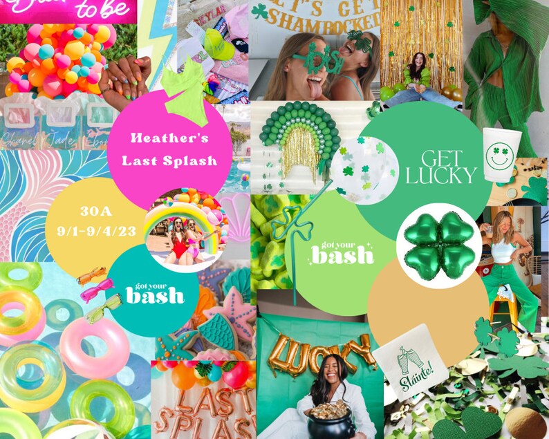 May include: A collage of images featuring green, gold, and white decorations for a party. The images include balloons, shamrocks, a sign that says "Get Lucky", and a sign that says "Heather's Last Splash".
