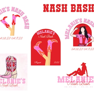 Puede incluir: Un diseño de logotipo rosa y rojo para una fiesta llamada "Melanie's Nash Bash" con las fechas 04.08.23-04.11.23. El logotipo presenta un par de botas de vaquero rosas con detalles rojos y un fondo rojo.