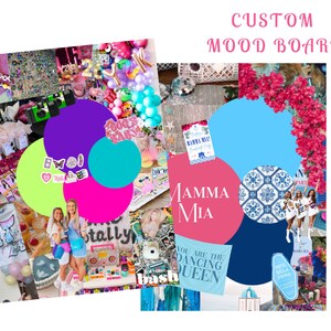 May include: A mood board with a pink, blue, and green color scheme. The board features images of a party, a birthday cake, and a sign that says "Mamma Mia".