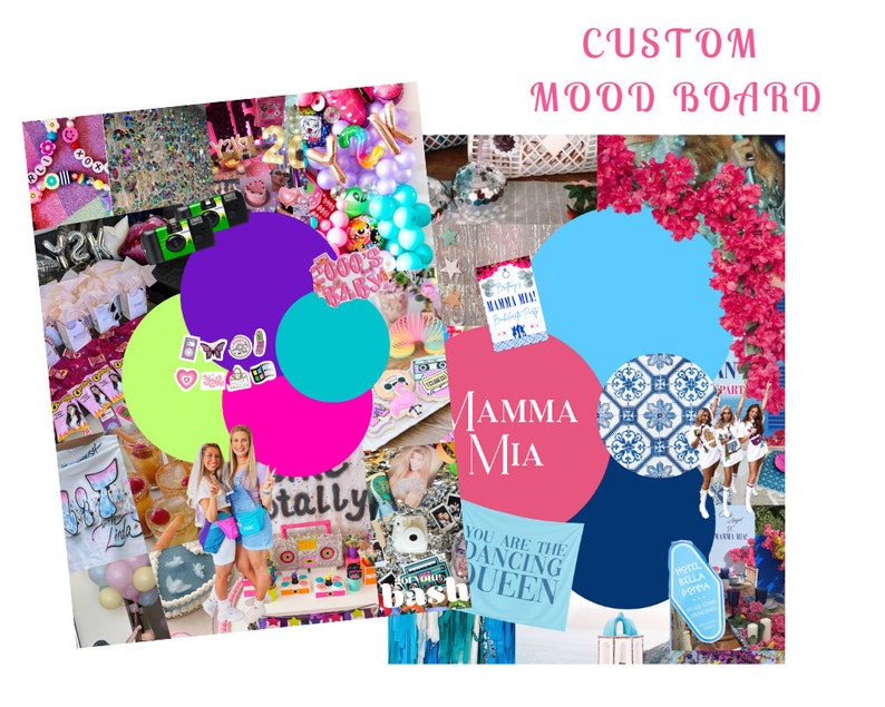 May include: A mood board with a pink, blue, and green color scheme. The board features images of a party, a birthday cake, and a sign that says "Mamma Mia".