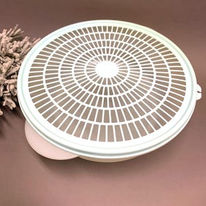 May include: A white plastic colander with a light blue rim and a circular, slotted design. The colander has a matching light blue base and is designed for draining liquids from food items. The colander is shown on a brown surface.