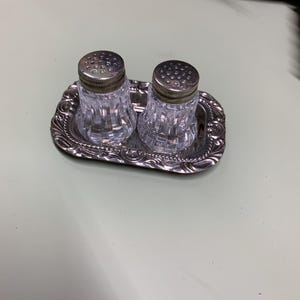 Vintage Plastic Salt and Pepper Shaker Set with Silverplate Tray
