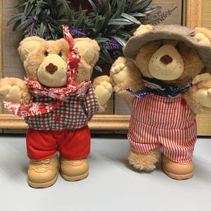 Puede incluir: Dos osos de peluche que llevan monos de rayas rojas y blancas y una camisa a cuadros con un pañuelo rojo. El oso de la izquierda lleva un sombrero marrón.