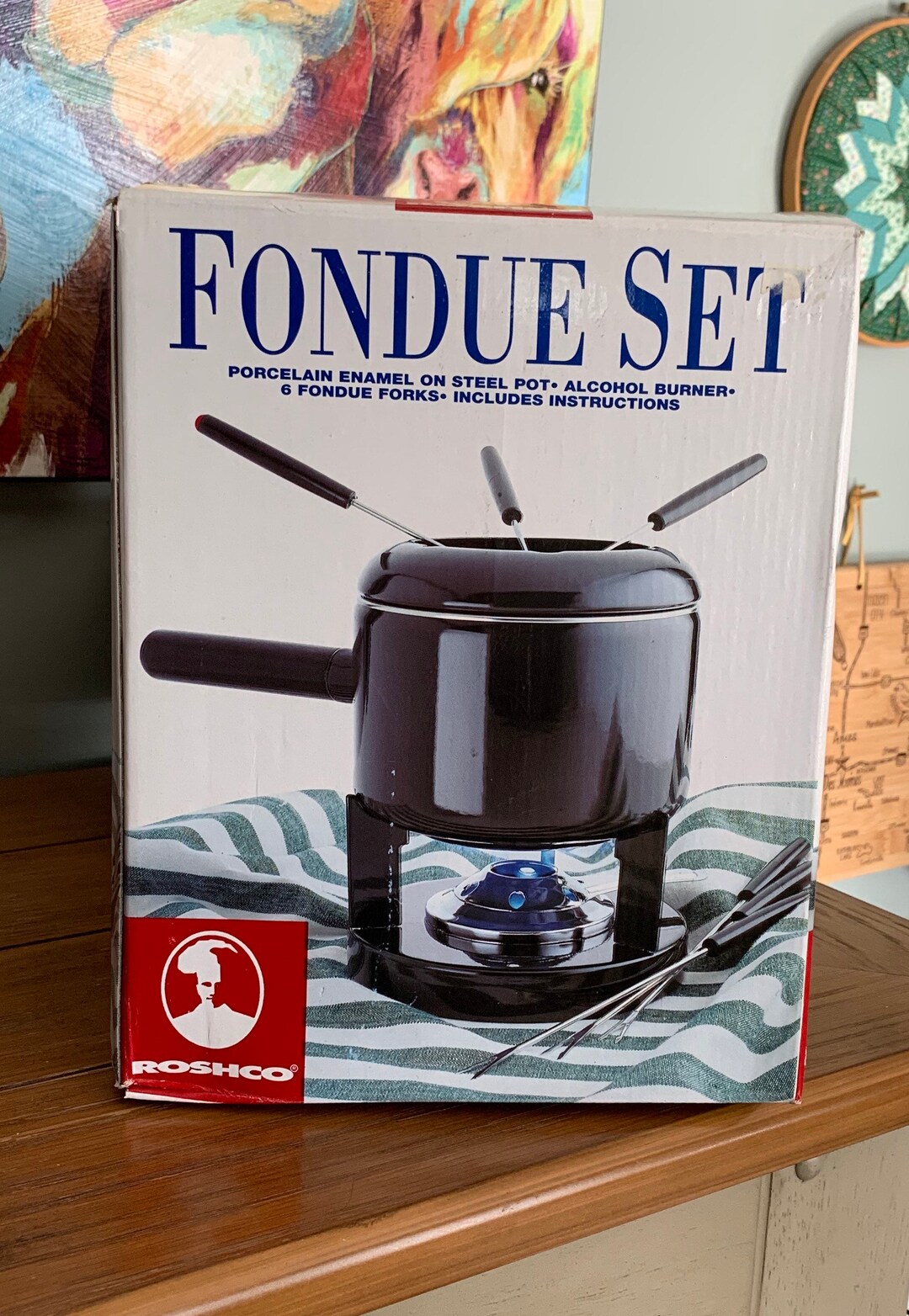 Roshco 2 Quart FONDUE Black Porcelain Enamel Set With Forks Etsy
