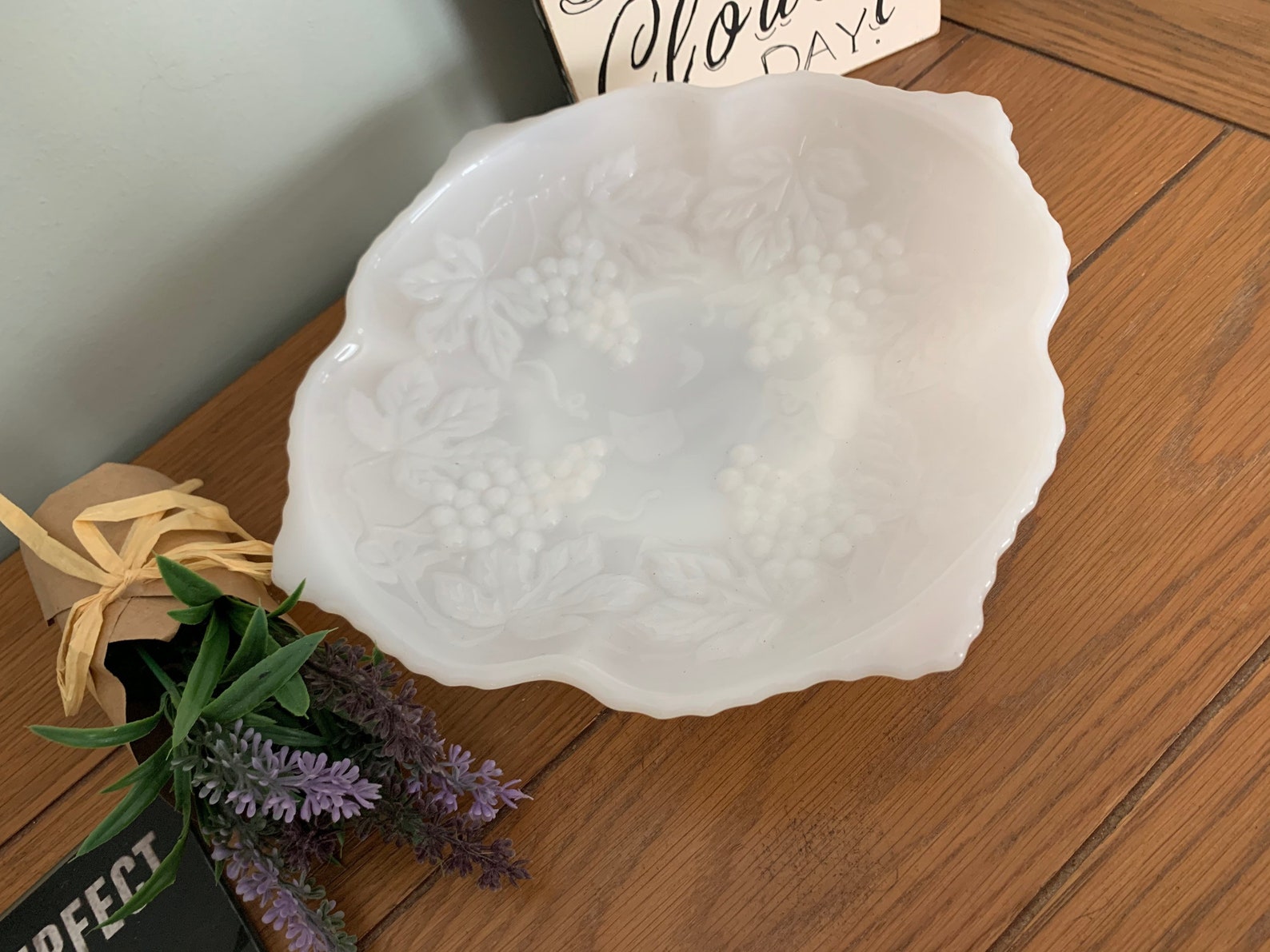 Milk Glass Bowl With Grapes and Leaves Etsy