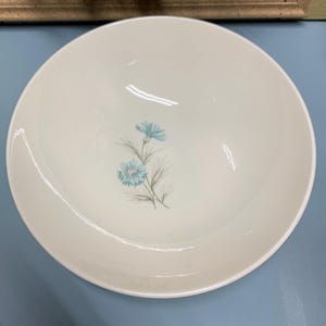 May include: A white ceramic bowl with a blue floral design. The bowl has a wide rim and a rounded bottom.