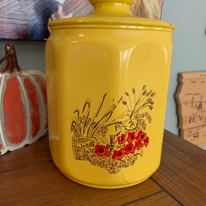Vintage Kromex Blumen und Weizen Muster Gelb Aluminium Kanister 1970er Jahre