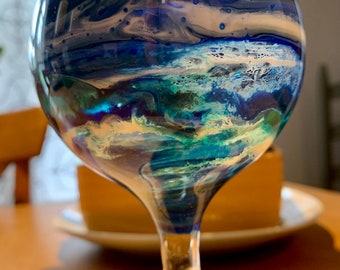 Oceanic themed wine glass, stemmed, stemless, water, custom design, hand poured resin.