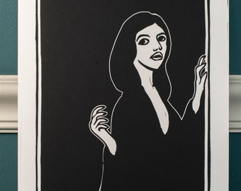 Woman in Black, original hand-made traditional linocut portrait art print