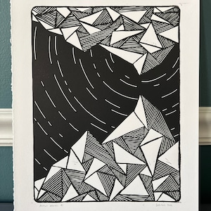 Abstract Mountain original linocut block print